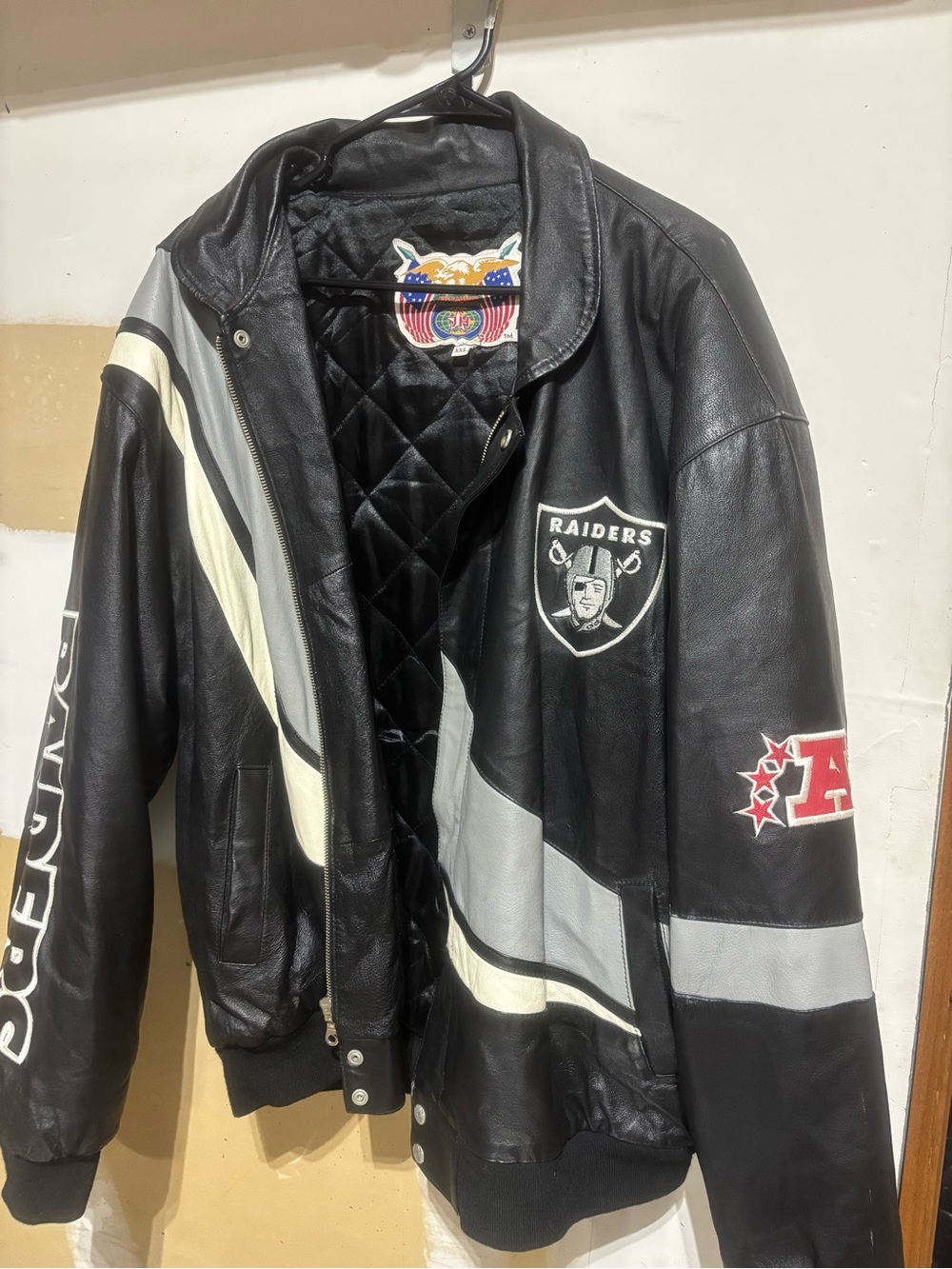Men's Black Raiders Leather Jacket with Gray & White Accents